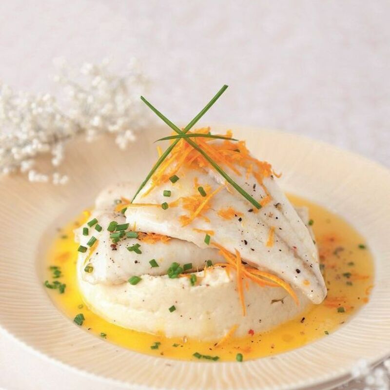 Turbot with orange butter, celeriac puree and coconut milk