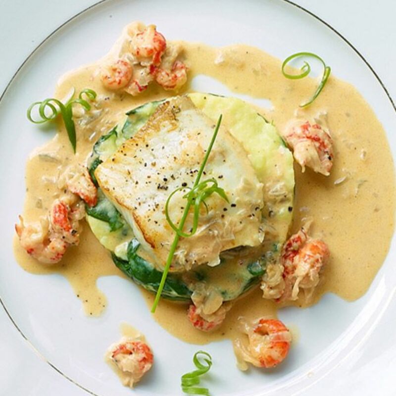 Turbot with champagne, crayfish, mashed potatoes with spinach and buttermilk